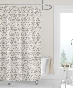 Neutral Geometric Woodblock Boho Shower Curtain, Minimalist Design, Beige Fabric Bath Curtain