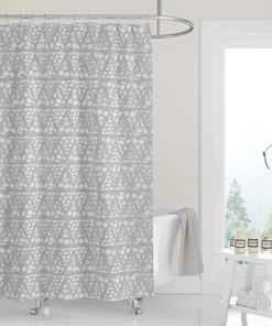 Neutral Geometric Woodblock Boho Shower Curtain, Minimalist and Silver Gray Fabric Bath Curtain