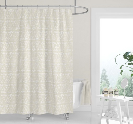 Neutral Geometric Woodblock Boho Shower Curtain, Minimalist and Silver Gray Fabric Bath Curtain - Image 2