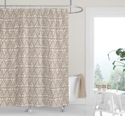 Neutral Geometric Woodblock Boho Shower Curtain, Minimalist and Silver Gray Fabric Bath Curtain - Image 3