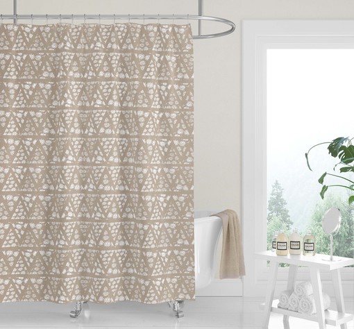 Neutral Geometric Woodblock Shower Curtain, Tan Fabric Bath Curtain, Minimalist Boho Design