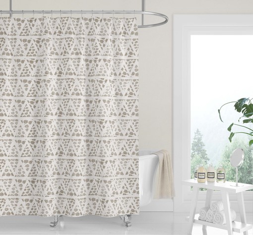 Neutral Geometric Woodblock Shower Curtain, Tan Fabric Bath Curtain, Minimalist Boho Design - Image 2