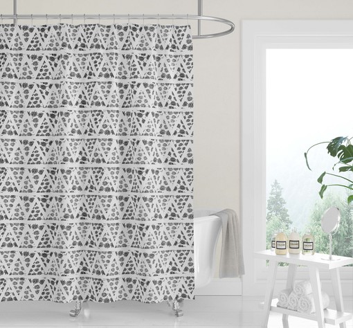 Neutral Geometric Woodblock Shower Curtain, Tan Fabric Bath Curtain, Minimalist Boho Design - Image 3