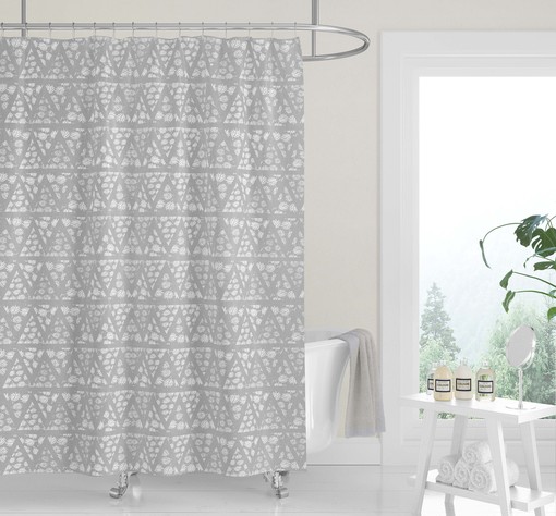 Neutral Geometric Woodblock Shower Curtain, Tan Fabric Bath Curtain, Minimalist Boho Design - Image 4