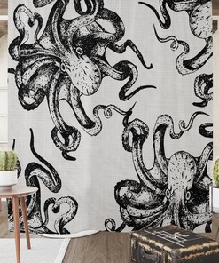 Neutral Gray Octopus Disney Shower Curtain with Optional Bath Accessories