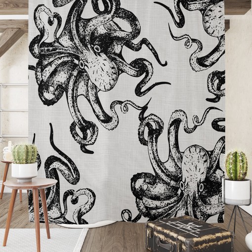 Neutral Gray Octopus Disney Shower Curtain with Optional Bath Accessories