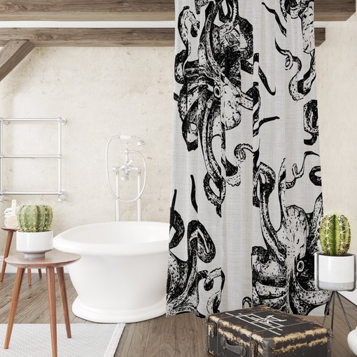 Neutral Gray Octopus Disney Shower Curtain with Optional Bath Accessories - Image 2