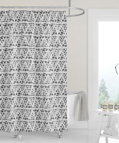 Neutral Gray White Geometric Premium FABRIC SHOWER CURTAIN, Linen Print Minimalist Bath Decor
