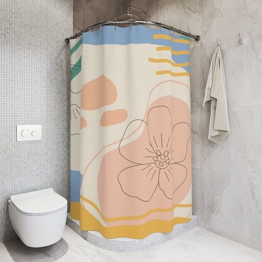 Neutral Warm Earth Tones Contemporary Abstract Art Shower Curtain, Lakehouse Leaves Design in Customizable Sizes - Image 2
