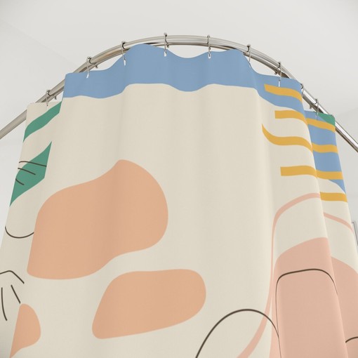 Neutral Warm Earth Tones Contemporary Abstract Art Shower Curtain, Lakehouse Leaves Design in Customizable Sizes - Image 4