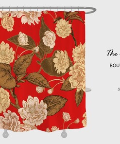 Noble Retro Red Flowers Shower Curtain, Customizable Waterproof Bathroom Decor, Botanical Bath Accessory