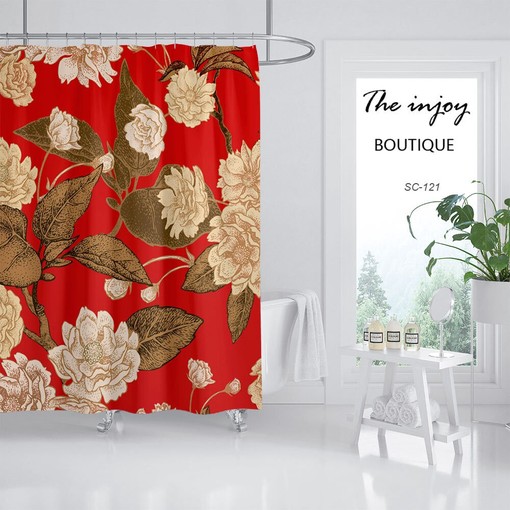 Noble Retro Red Flowers Shower Curtain, Customizable Waterproof Bathroom Decor, Botanical Bath Accessory - Image 2
