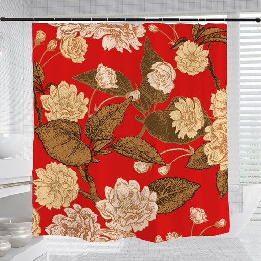 Noble Retro Red Flowers Shower Curtain, Customizable Waterproof Bathroom Decor, Botanical Bath Accessory - Image 3