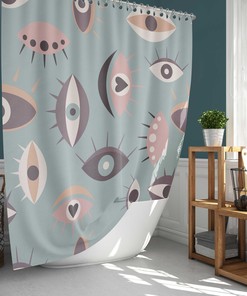 Nordic Eyes Vintage Bathroom Shower Curtain | Mid-Century Scandinavian Vintage Silhouette Bathroom Curtain and Mat