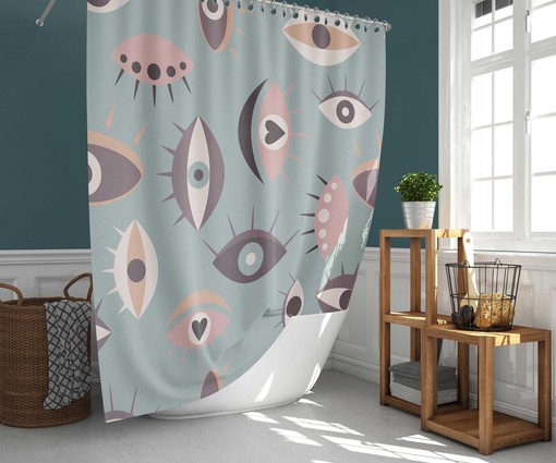 Nordic Eyes Vintage Bathroom Shower Curtain | Mid-Century Scandinavian Vintage Silhouette Bathroom Curtain and Mat