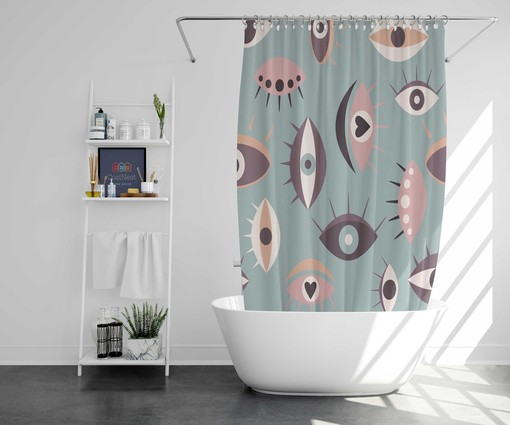 Nordic Eyes Vintage Bathroom Shower Curtain | Mid-Century Scandinavian Vintage Silhouette Bathroom Curtain and Mat - Image 2