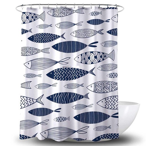 Nordic Fish Scandinavian Shower Curtain | Underwater Ocean Blue Bath Decor