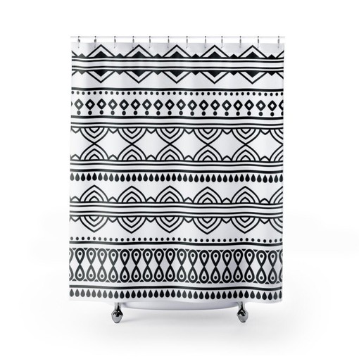 Nordic Style Bathroom Decor with Black and White Line Art Boho Bath Curtain