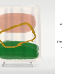Nordic Style Dusty Pink Shower Curtain - Abstract Art Color Blocks with Monstera Green and Gold Accents