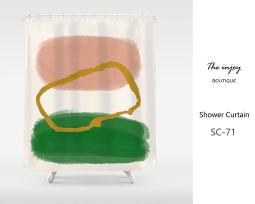 Nordic Style Dusty Pink Shower Curtain - Abstract Art Color Blocks with Monstera Green and Gold Accents