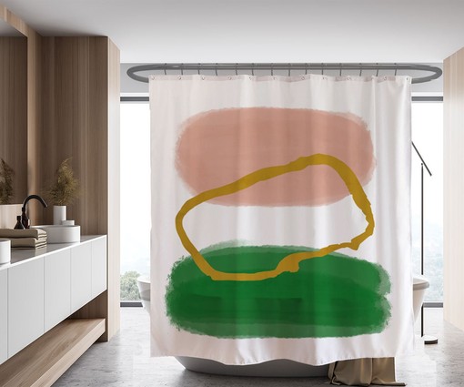 Nordic Style Dusty Pink Shower Curtain - Abstract Art Color Blocks with Monstera Green and Gold Accents - Image 2