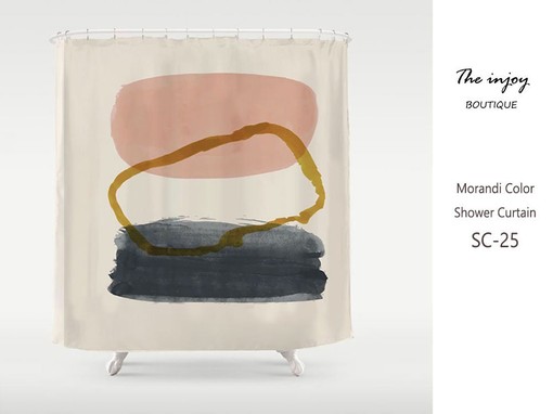 Nordic Style Minimalism Shower Curtain, Japanese Zen Style Partitian Curtains with Abstract Dusty Pink and Gold
