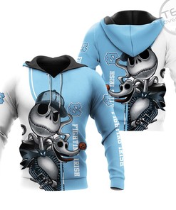 North Carolina Tar Heels Jack Skellington and Zero 3D Hoodie in All Over Print with Carolina Blue Design
