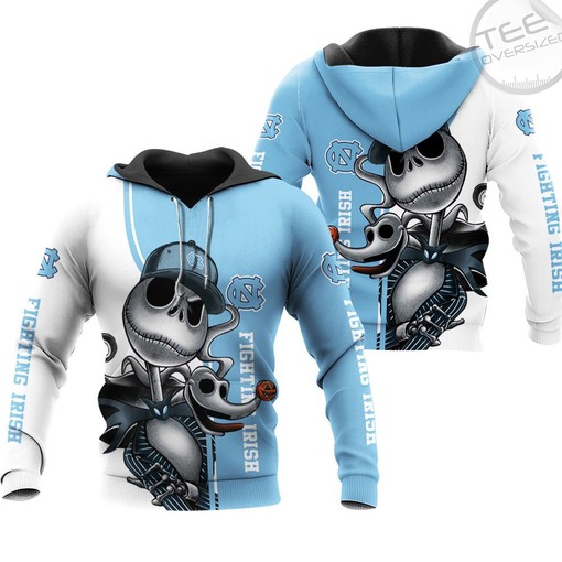 North Carolina Tar Heels Jack Skellington and Zero 3D Hoodie in All Over Print with Carolina Blue Design