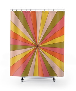 Nostalgic Groovy Abstract and Sunburst Orange, Pink, Yellow Green Retro Shower Curtain for a 70's Inspired Bathroom