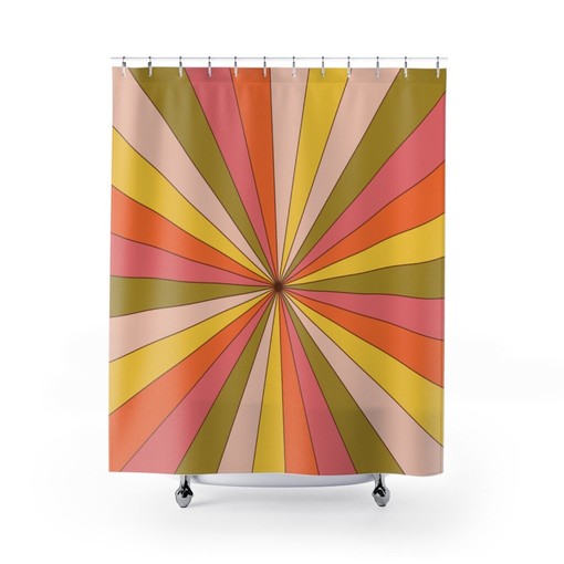 Nostalgic Groovy Abstract and Sunburst Orange, Pink, Yellow Green Retro Shower Curtain for a 70's Inspired Bathroom