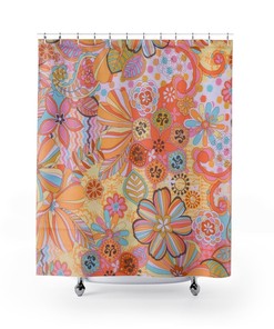 Nostalgic Groovy Floral Pink, Blue, and Yellow Retro Mid Mod Shower Curtain for a Retro Bathroom