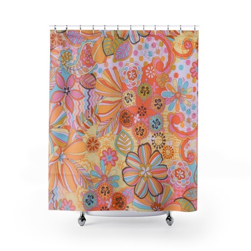 Nostalgic Groovy Floral Pink, Blue, and Yellow Retro Mid Mod Shower Curtain for a Retro Bathroom