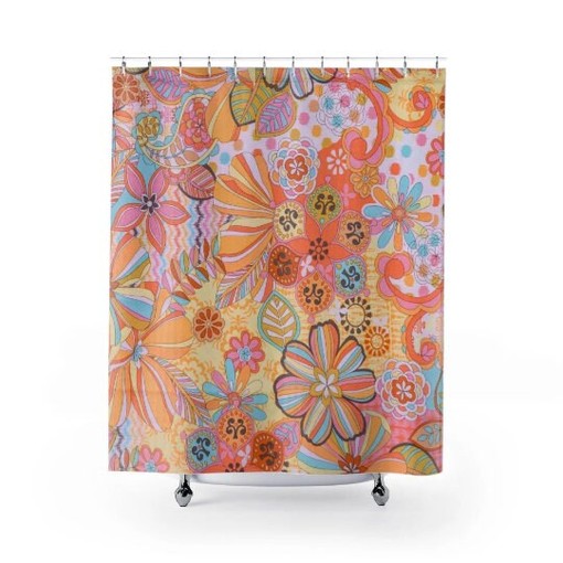 Nostalgic Groovy Floral Pink, Blue, and Yellow Retro Mid Mod Shower Curtain for a Retro Bathroom - Image 2