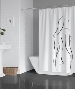 Nude Line Art Woman Shower Curtain with Black and White Body Outline Drawing