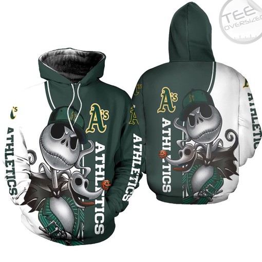 Oakland Athletics All Over Print 3D Hoodie with Jack Skellington and Zero Unisex Design