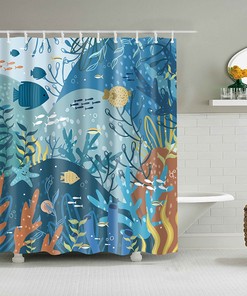 Ocean Coral Fish Shower Curtain | Underwater Seaweed Deep Water | Bathroom Decor