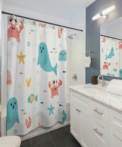 Ocean Theme Shower Curtain with Sea Animals & Fish - Coastal Bathroom Decor