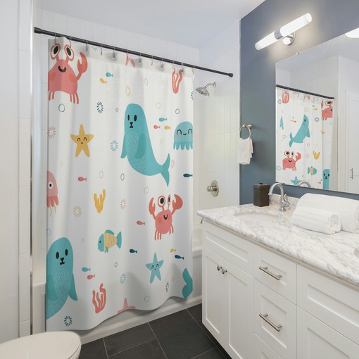 Ocean Theme Shower Curtain with Sea Animals & Fish - Coastal Bathroom Decor