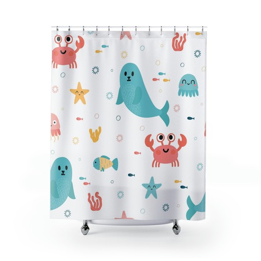 Ocean Theme Shower Curtain with Sea Animals & Fish - Coastal Bathroom Decor - Image 2