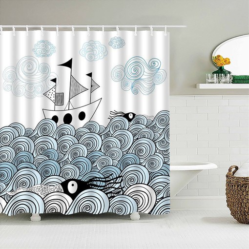 Ocean Wave Ship Shower Curtain | Coastal Octopus Sea Life | Nautical Bathroom Decor