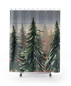 Ocean Waves and Pine Trees Nautical Theme Shower Curtain for Coastal Bathroom Decor