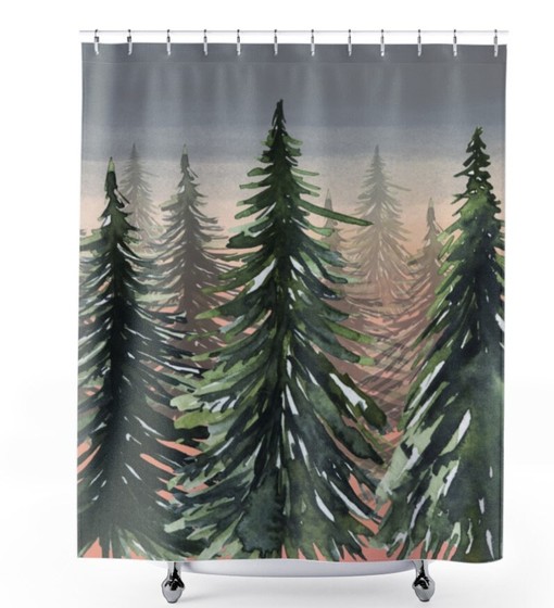 Ocean Waves and Pine Trees Nautical Theme Shower Curtain for Coastal Bathroom Decor - Image 2