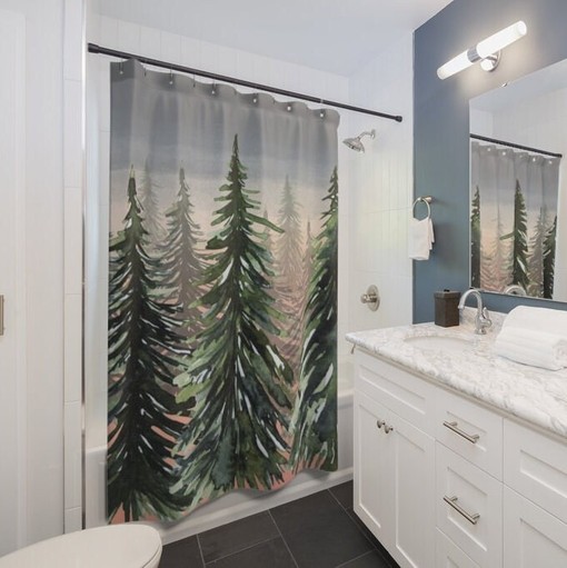 Ocean Waves and Pine Trees Nautical Theme Shower Curtain for Coastal Bathroom Decor - Image 3
