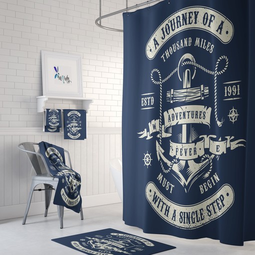 Oceanic Nautical Adventure Shower Curtain Set with Navy Bath Decor
