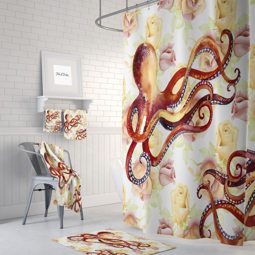 Octopus and Floral Print Shower Curtain Set - Fun Fabric Bath Set with Optional Towels and Mat Bathroom Decor