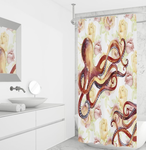 Octopus and Floral Print Shower Curtain Set - Fun Fabric Bath Set with Optional Towels and Mat Bathroom Decor - Image 2
