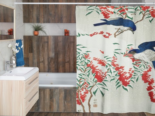 Ohara Koson Blue Birds Shower Curtain | Eco-Friendly and Waterproof Vintage Bathroom Shower Curtains