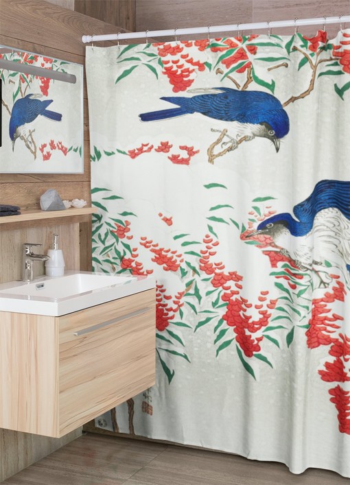 Ohara Koson Blue Birds Shower Curtain | Eco-Friendly and Waterproof Vintage Bathroom Shower Curtains - Image 2