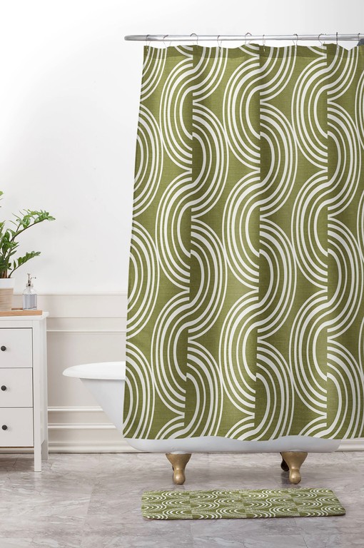 Olive Green Geometric Print Shower Curtain, Unique Fabric Bath Curtain, Bathroom Decor