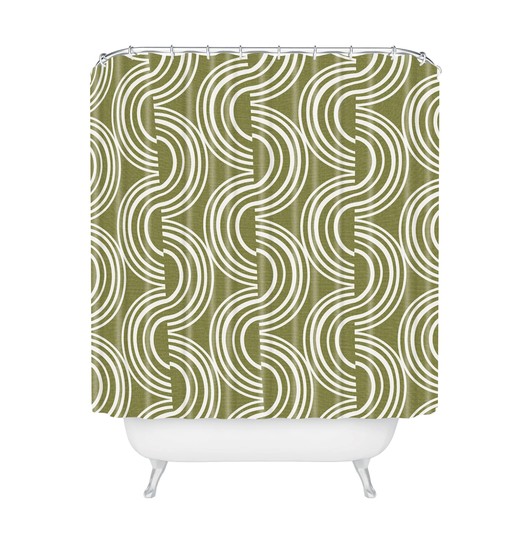 Olive Green Geometric Print Shower Curtain, Unique Fabric Bath Curtain, Bathroom Decor - Image 2